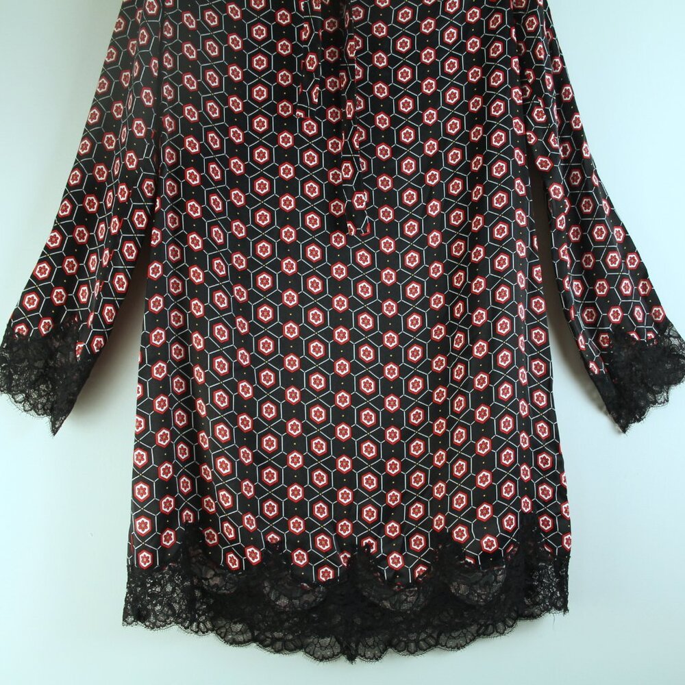Sandro Paris Black Satin Red Floral Tie Neckline Lace Trim Mini Shift Dress 2 - Picture 3 of 6